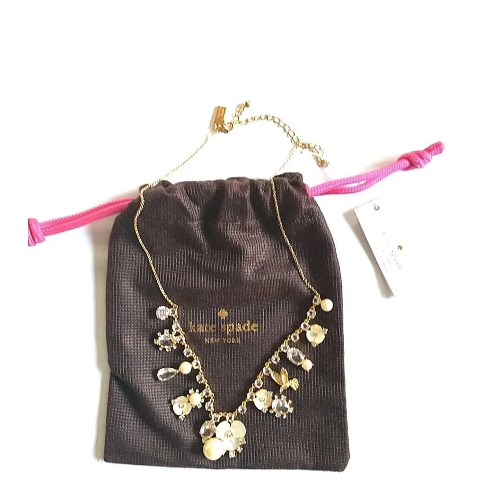 New! KATE SPADE Disco Pansy Flower Bird Crystal Gold-tone Necklace 16